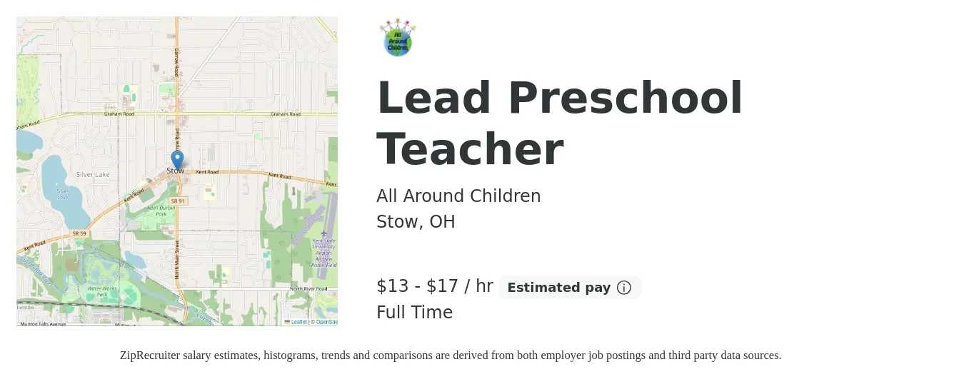 All Around Children job posting for a Lead Preschool Teacher in Stow, OH with a salary of $14 to $18 Hourly with a map of Stow location.