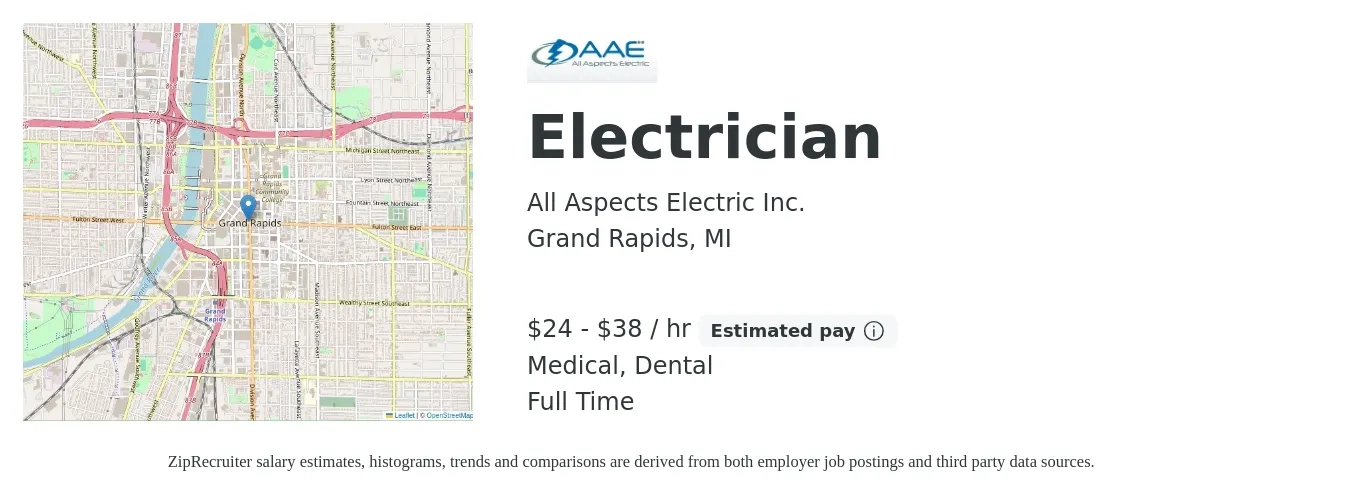 All Aspects Electric Inc. job posting for a Electrician in Grand Rapids, MI with a salary of $25 to $40 Hourly and benefits including dental, life_insurance, medical, and retirement with a map of Grand Rapids location.
