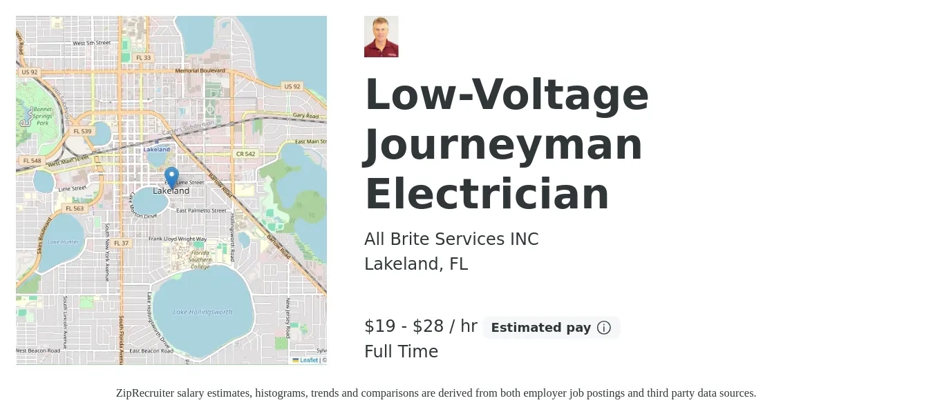 All Brite Services INC job posting for a Low-Voltage Journeyman Electrician in Lakeland, FL with a salary of $20 to $30 Hourly with a map of Lakeland location.
