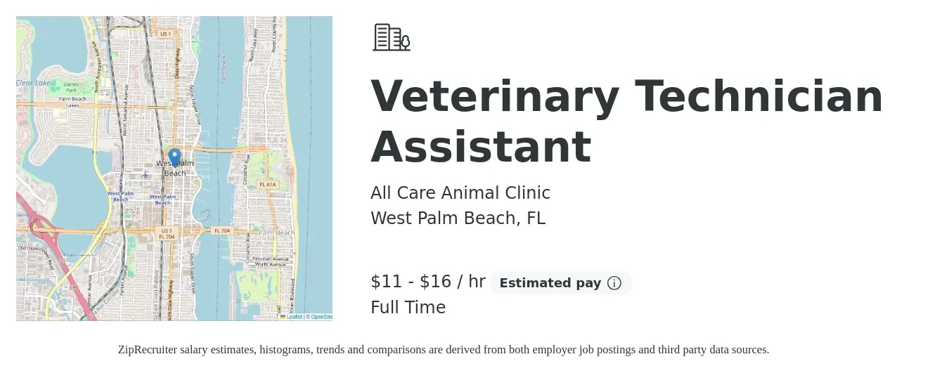 All Care Animal Clinic job posting for a Veterinary Technician Assistant in West Palm Beach, FL with a salary of $12 to $17 Hourly with a map of West Palm Beach location.