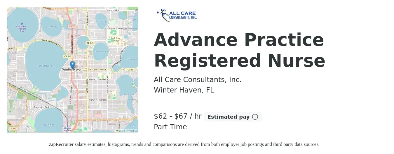 All Care Consultants, Inc. job posting for a Advance Practice Registered Nurse in Winter Haven, FL with a salary of $65 to $70 Hourly with a map of Winter Haven location.