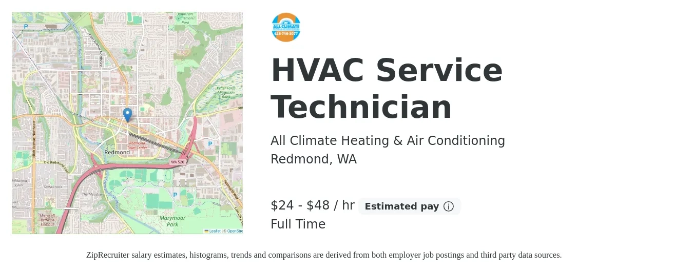 All Climate Heating & Air Conditioning job posting for a HVAC Service Technician in Redmond, WA with a salary of $25 to $50 Hourly with a map of Redmond location.