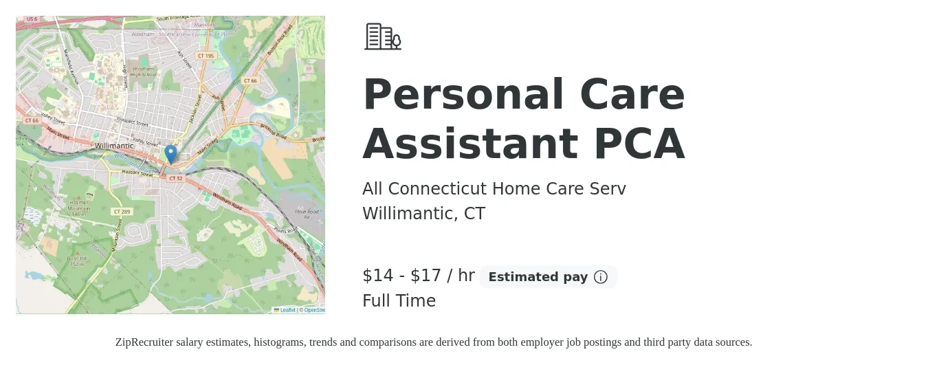 All Connecticut Home Care Serv job posting for a Personal Care Assistant PCA in Willimantic, CT with a salary of $15 to $18 Hourly with a map of Willimantic location.