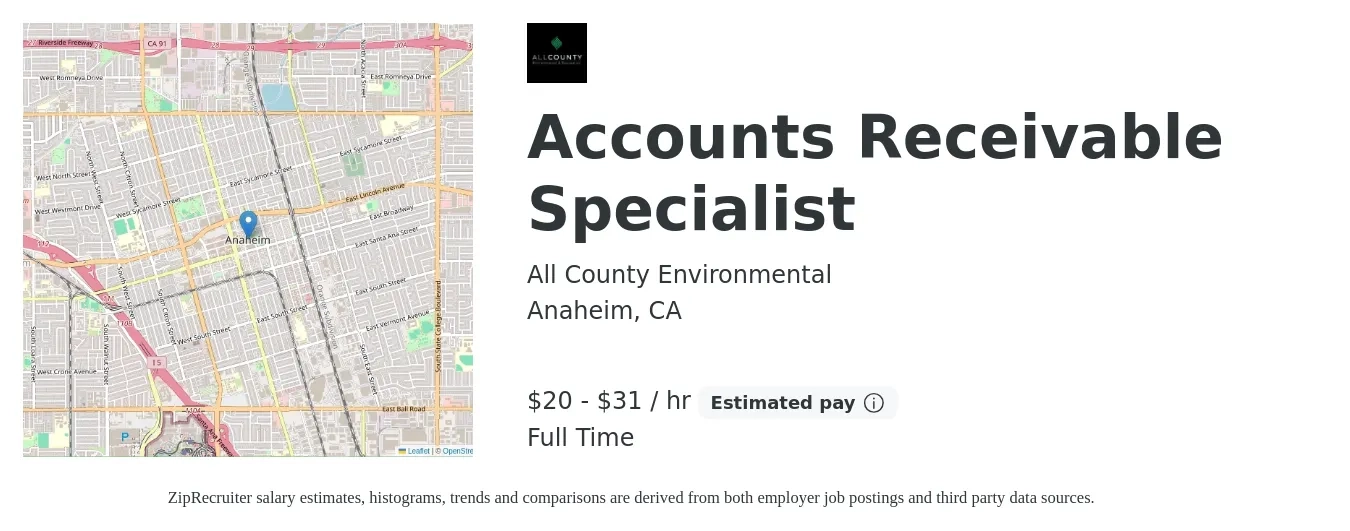 All County Environmental job posting for a Accounts Receivable Specialist in Anaheim, CA with a salary of $21 to $33 Hourly with a map of Anaheim location.