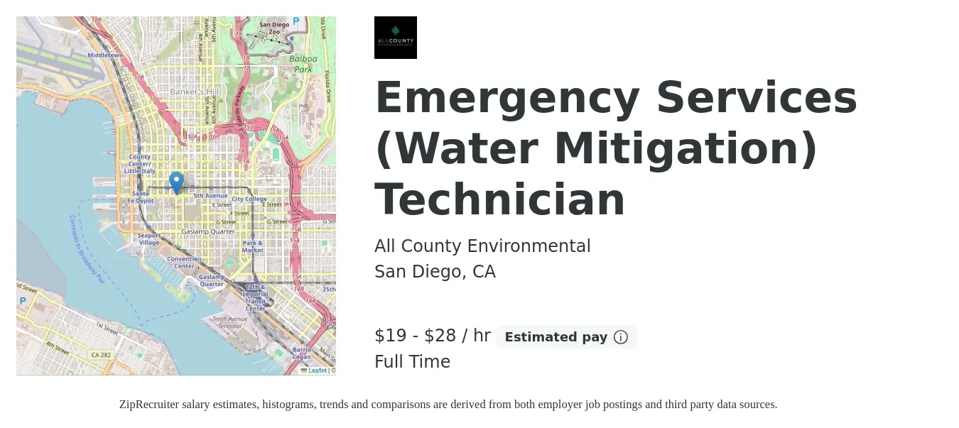 All County Environmental job posting for a Emergency Services (Water Mitigation) Technician in San Diego, CA with a salary of $20 to $30 Hourly with a map of San Diego location.