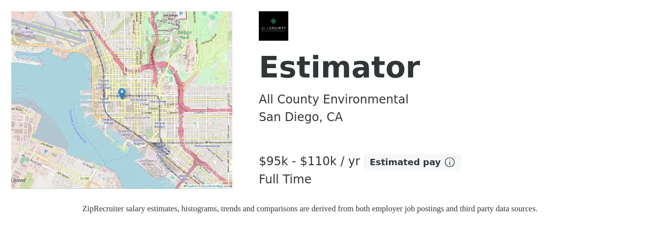 All County Environmental job posting for a Estimator in San Diego, CA with a salary of $95,000 to $110,000 Yearly with a map of San Diego location.