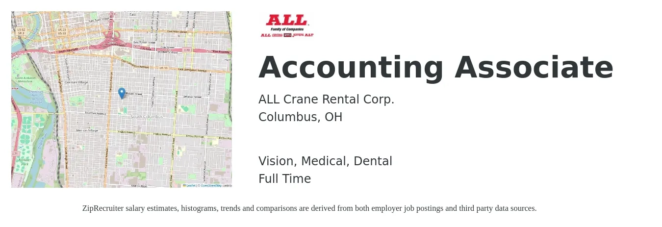 ALL Crane Rental Corp. job posting for a Accounting Associate in Columbus, OH with a salary of $20 to $28 Hourly and benefits including life_insurance, medical, pto, retirement, vision, and dental with a map of Columbus location.