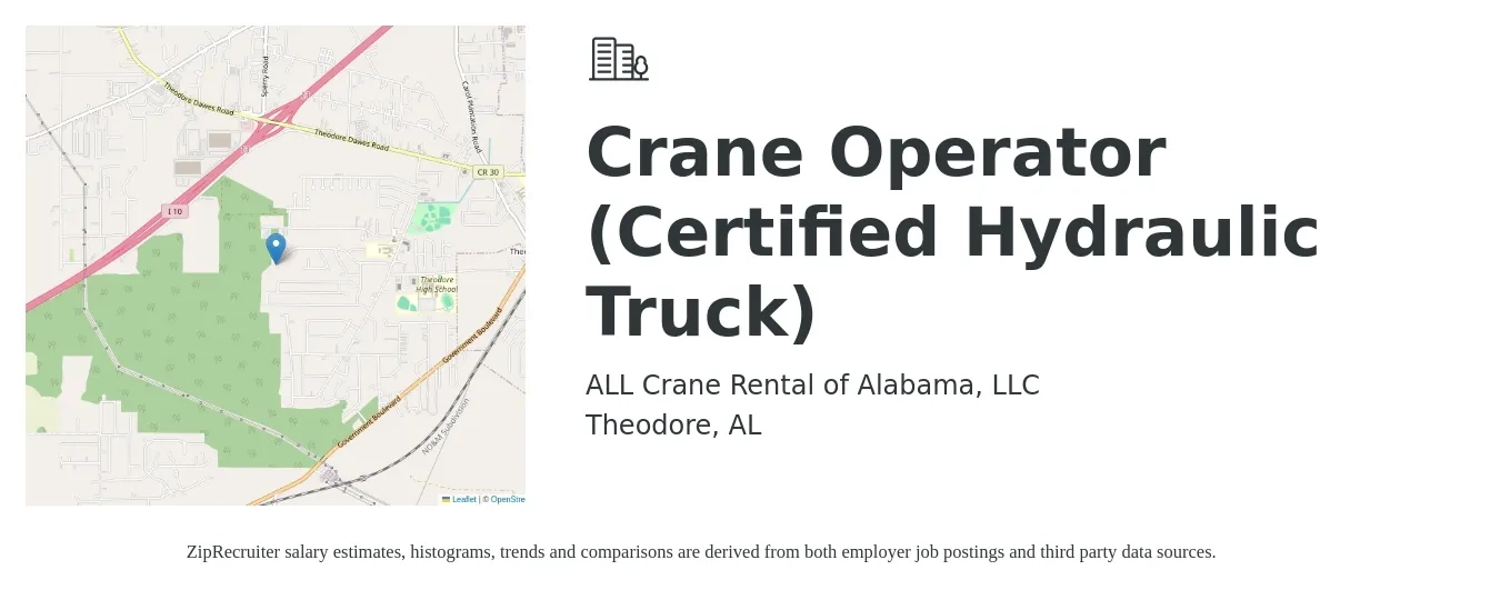 ALL Crane Rental of Alabama, LLC job posting for a Crane Operator (Certified Hydraulic Truck) in Theodore, AL with a salary of $21 to $32 Hourly with a map of Theodore location.