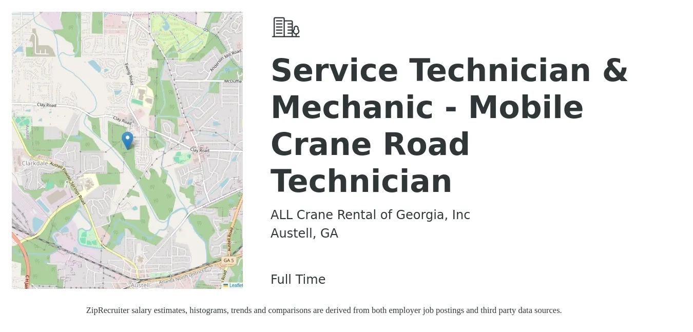 ALL Crane Rental of Georgia, Inc job posting for a Service Technician & Mechanic - Mobile Crane Road Technician in Austell, GA with a salary of $24 to $31 Hourly with a map of Austell location.
