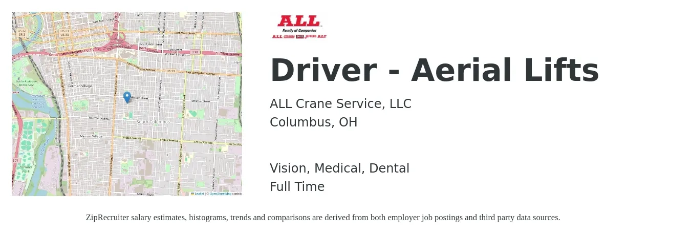 ALL Crane Service, LLC job posting for a Driver - Aerial Lifts in Columbus, OH with a salary of $24 to $42 Hourly and benefits including medical, retirement, vision, dental, and life_insurance with a map of Columbus location.