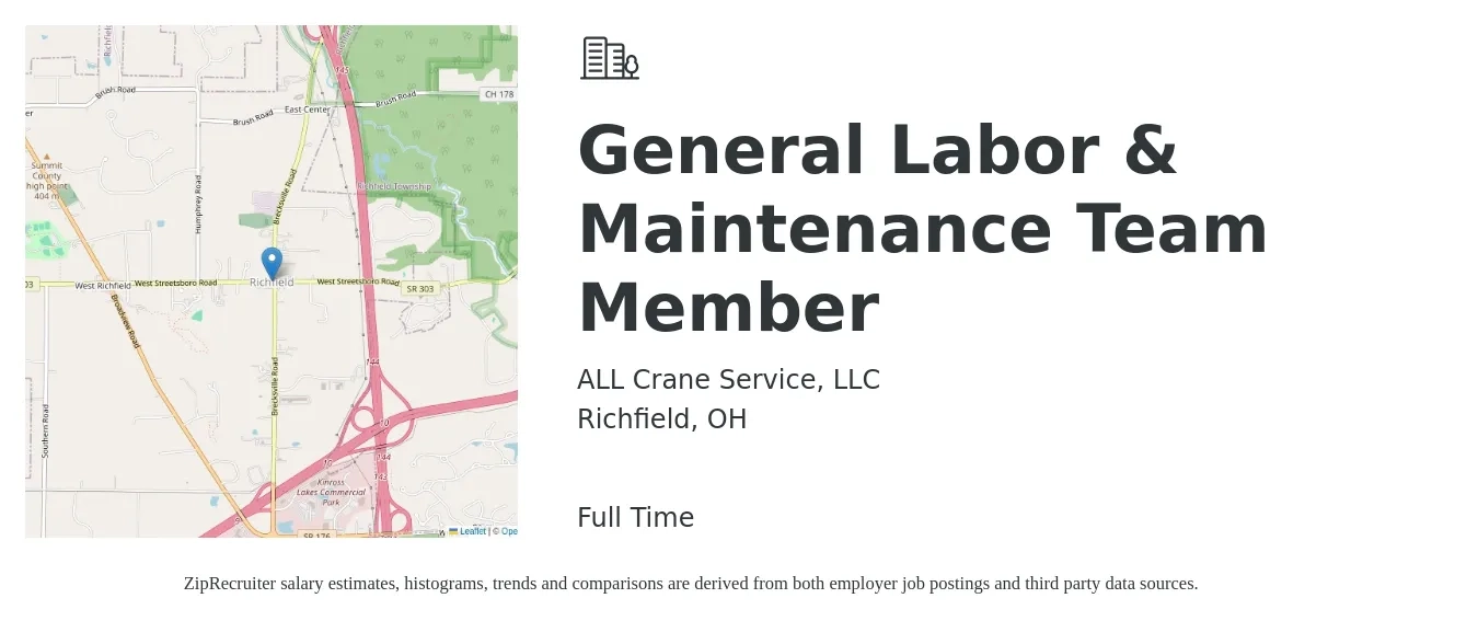 ALL Crane Service, LLC job posting for a General Labor & Maintenance Team Member in Richfield, OH with a salary of $15 to $19 Hourly with a map of Richfield location.