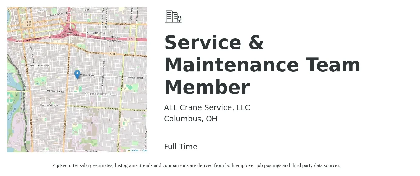 ALL Crane Service, LLC job posting for a Service & Maintenance Team Member in Columbus, OH with a salary of $14 to $18 Hourly with a map of Columbus location.