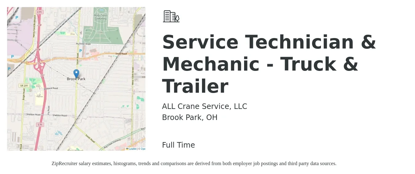 ALL Crane Service, LLC job posting for a Service Technician & Mechanic - Truck & Trailer in Brook Park, OH with a salary of $20 to $28 Hourly and benefits including retirement, vision, dental, life_insurance, and medical with a map of Brook Park location.