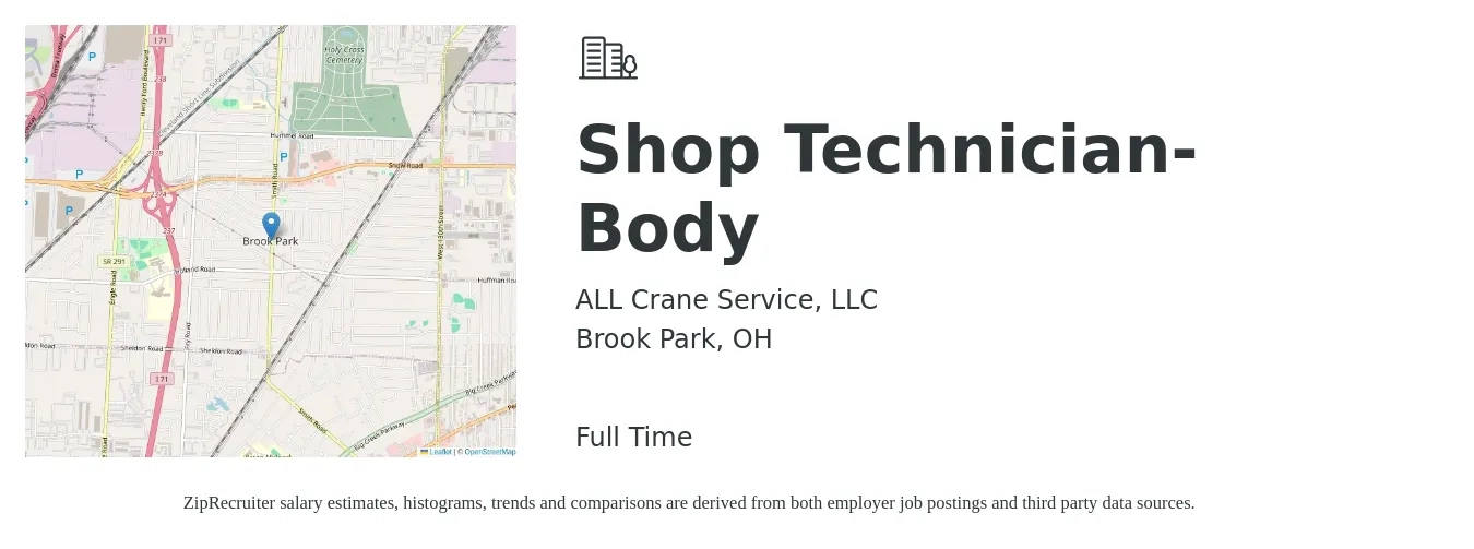 ALL Crane Service, LLC job posting for a Shop Technician- Body in Brook Park, OH with a salary of $18 to $29 Hourly with a map of Brook Park location.