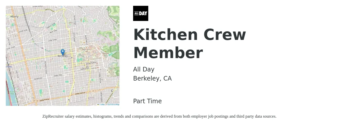 All Day job posting for a Kitchen Crew Member in Berkeley, CA with a salary of $21 Hourly and benefits including medical, vision, and dental with a map of Berkeley location.