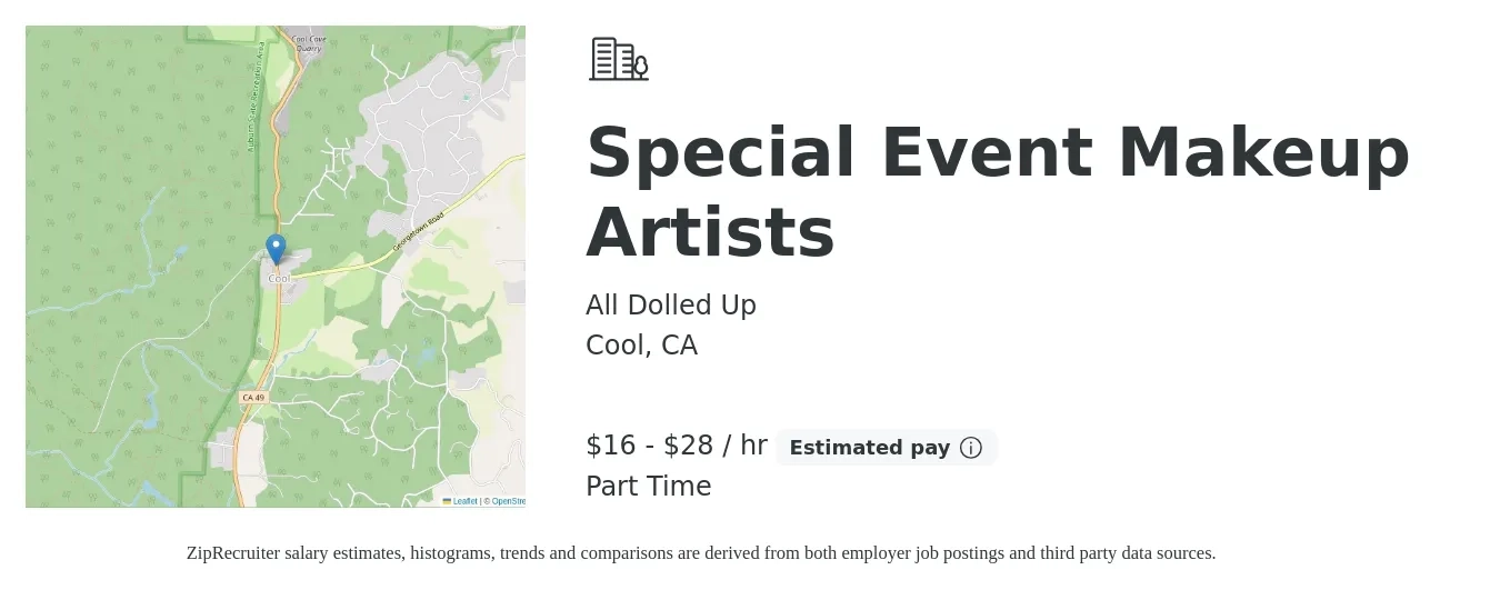 All Dolled Up job posting for a Special Event Makeup Artists in Cool, CA with a salary of $17 to $30 Hourly with a map of Cool location.