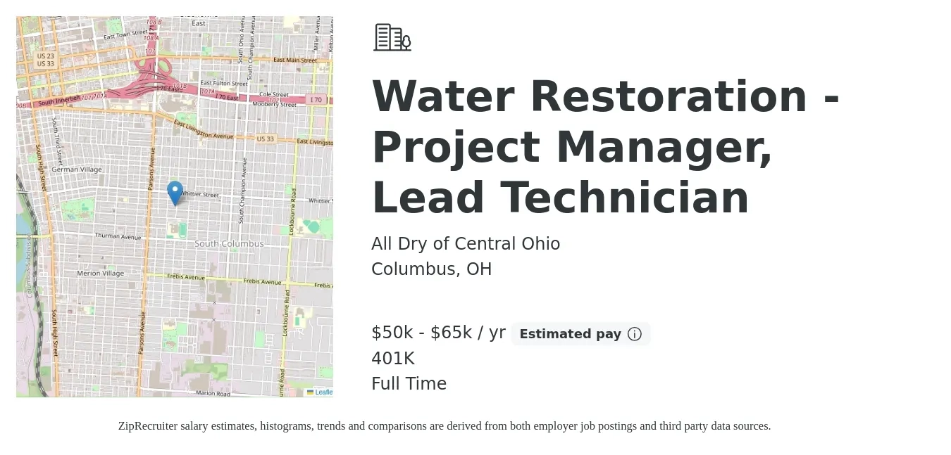 All Dry of Central Ohio job posting for a Water Restoration - Project Manager, Lead Technician in Columbus, OH with a salary of $50,000 to $65,000 Yearly (plus commission) and benefits including 401k with a map of Columbus location.