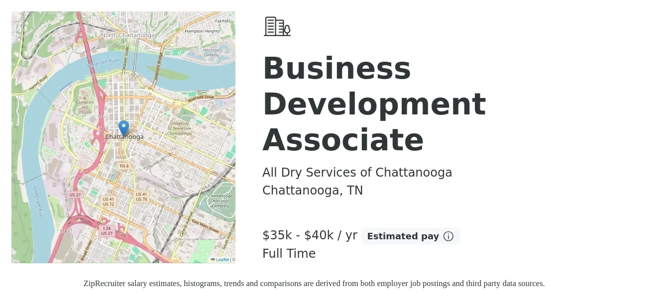 All Dry Services of Chattanooga job posting for a Business Development Associate in Chattanooga, TN with a salary of $35,000 to $40,000 Yearly (plus commission) with a map of Chattanooga location.