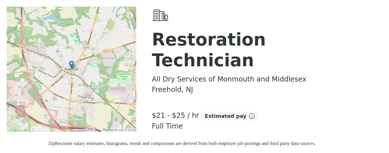 All Dry Services of Monmouth and Middlesex job posting for a Restoration Technician in Freehold, NJ with a salary of $22 to $27 Hourly (plus commission) with a map of Freehold location.