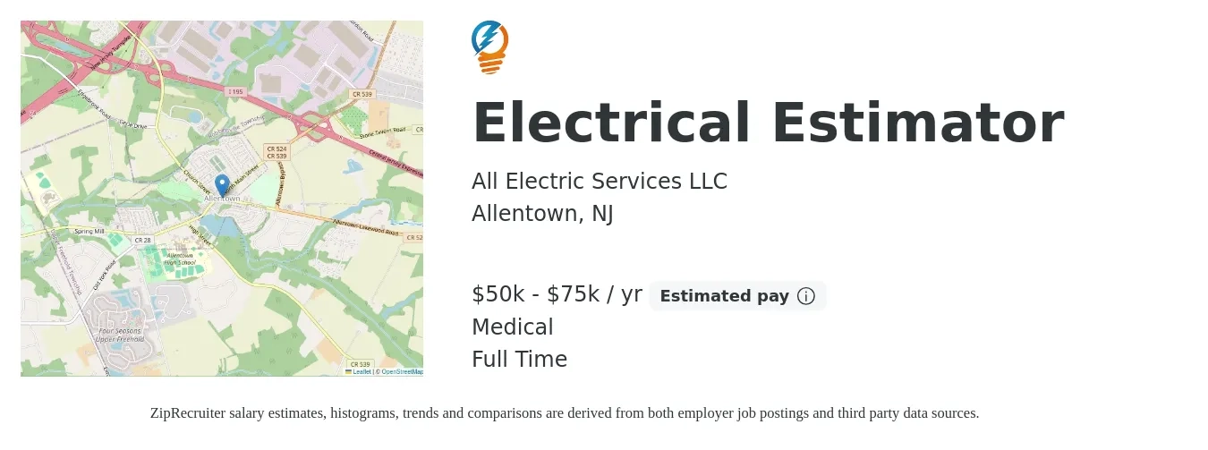 All Electric Services LLC job posting for a Electrical Estimator in Allentown, NJ with a salary of $50,000 to $75,000 Yearly and benefits including medical, pto, and retirement with a map of Allentown location.