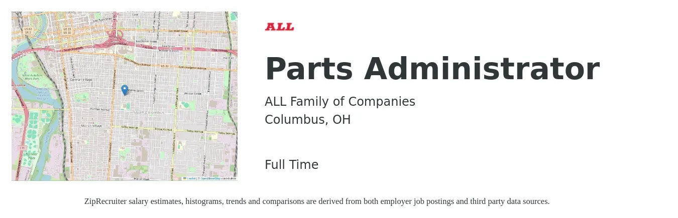 ALL Family of Companies job posting for a Parts Administrator in Columbus, OH with a salary of $17 to $22 Hourly with a map of Columbus location.