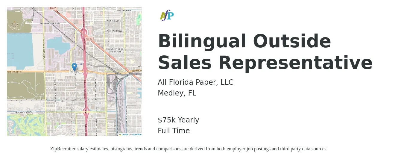 All Florida Paper, LLC job posting for a Bilingual Outside Sales Representative in Medley, FL with a salary of $75,000 Yearly with a map of Medley location.