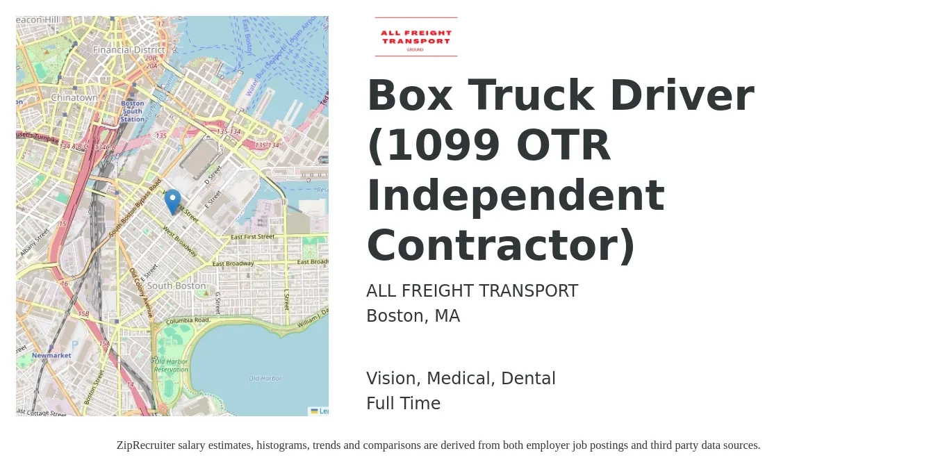 ALL FREIGHT TRANSPORT job posting for a Box Truck Driver (1099 OTR Independent Contractor) in Boston, MA with a salary of $1,000 Weekly and benefits including vision, dental, life_insurance, medical, and retirement with a map of Boston location.