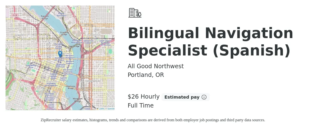 All Good Northwest job posting for a Bilingual Navigation Specialist (Spanish) in Portland, OR with a salary of $27 Hourly with a map of Portland location.