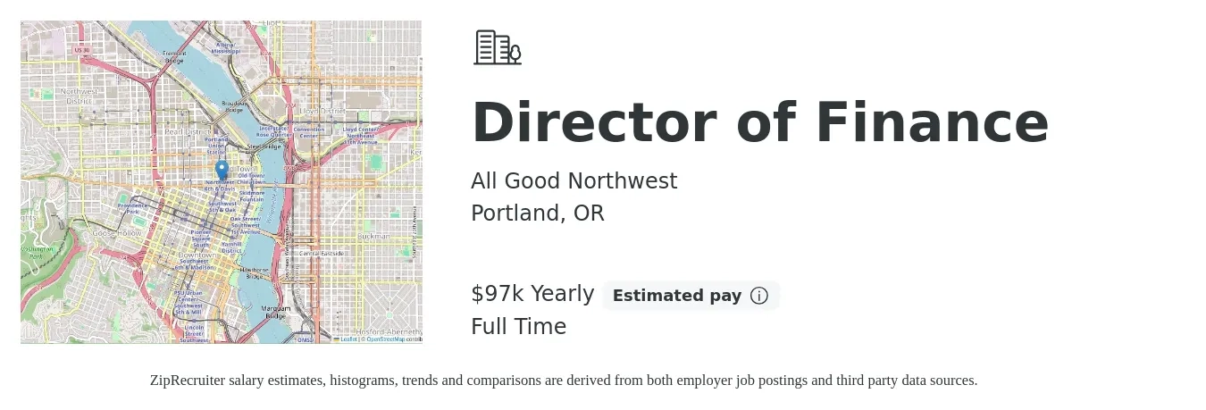 All Good Northwest job posting for a Director of Finance in Portland, OR with a salary of $97,850 Yearly with a map of Portland location.