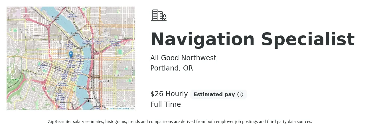 All Good Northwest job posting for a Navigation Specialist in Portland, OR with a salary of $27 Hourly with a map of Portland location.