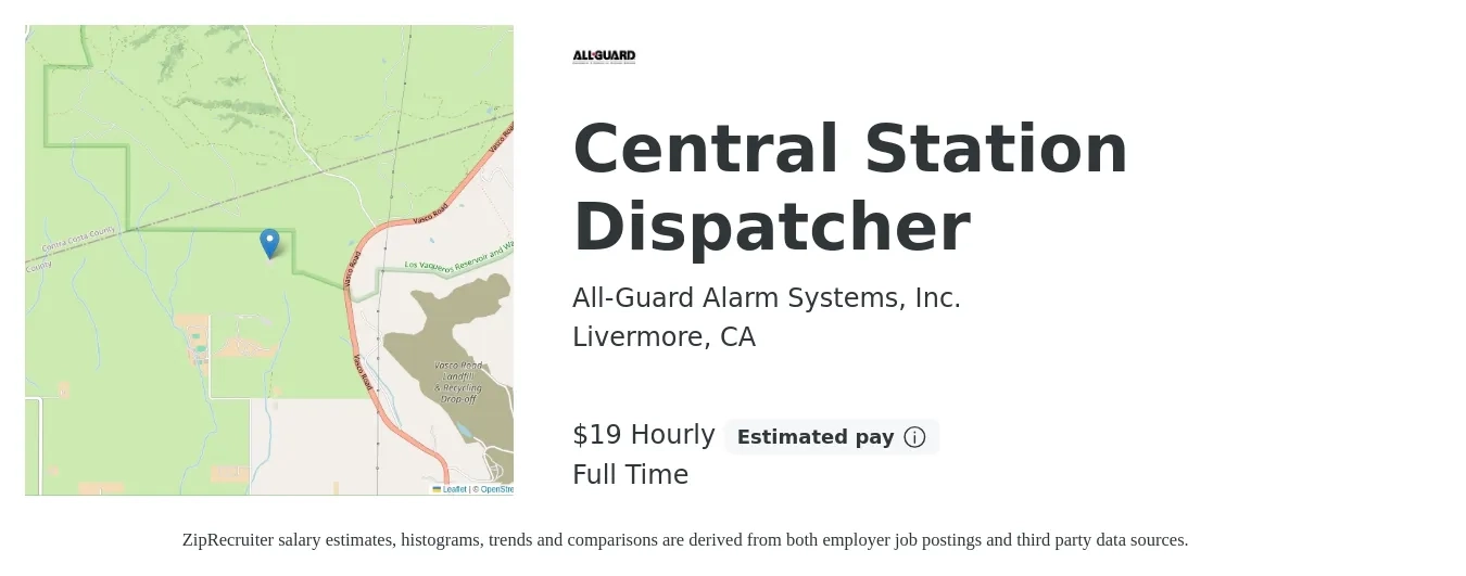 All-Guard Alarm Systems, Inc. job posting for a Central Station Dispatcher in Livermore, CA with a salary of $20 Hourly with a map of Livermore location.