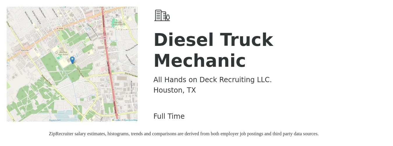 All Hands on Deck Recruiting LLC. job posting for a Diesel Truck Mechanic in Houston, TX with a salary of $24 to $29 Hourly with a map of Houston location.