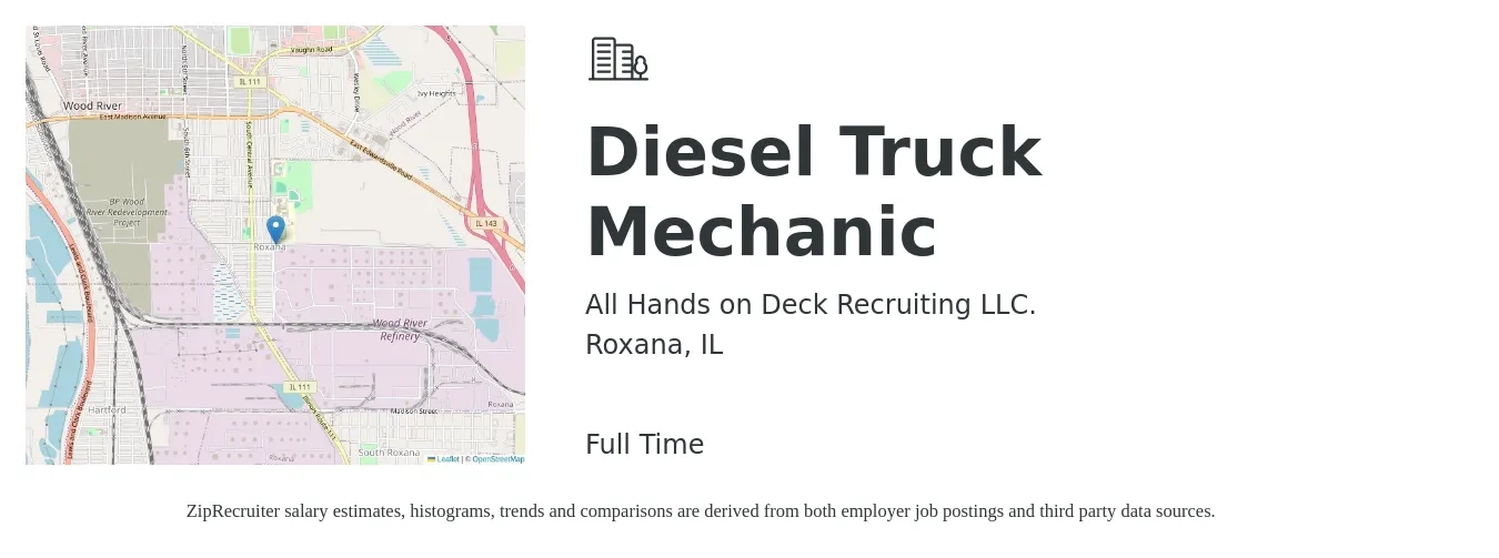 All Hands on Deck Recruiting LLC. job posting for a Diesel Truck Mechanic in Roxana, IL with a salary of $27 to $32 Hourly with a map of Roxana location.