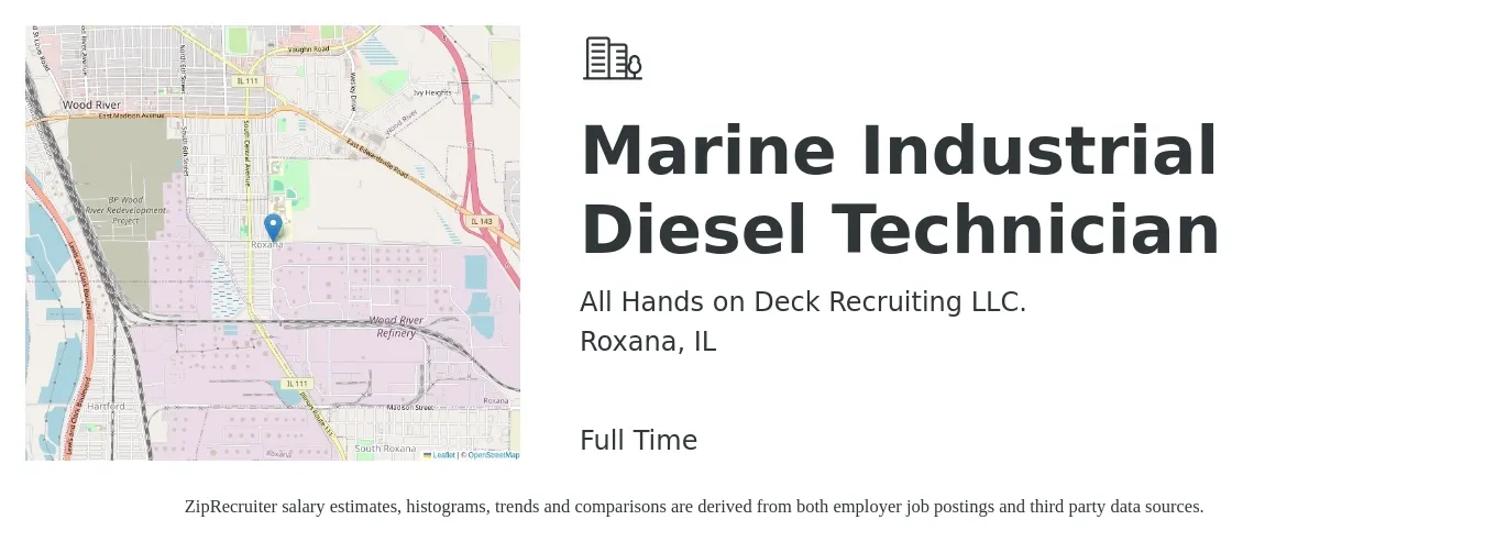 All Hands on Deck Recruiting LLC. job posting for a Marine Industrial Diesel Technician in Roxana, IL with a salary of $26 to $36 Hourly with a map of Roxana location.