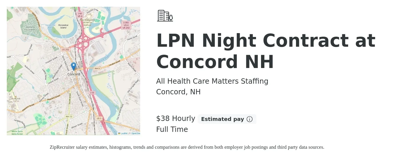 All Health Care Matters Staffing job posting for a LPN Night Contract at Concord NH in Concord, NH with a salary of $40 Hourly with a map of Concord location.