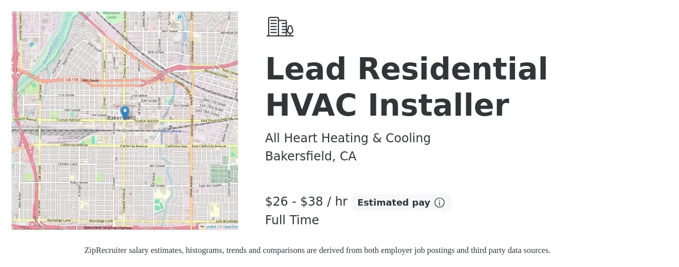All Heart Heating & Cooling job posting for a Lead Residential HVAC Installer in Bakersfield, CA with a salary of $28 to $40 Hourly with a map of Bakersfield location.