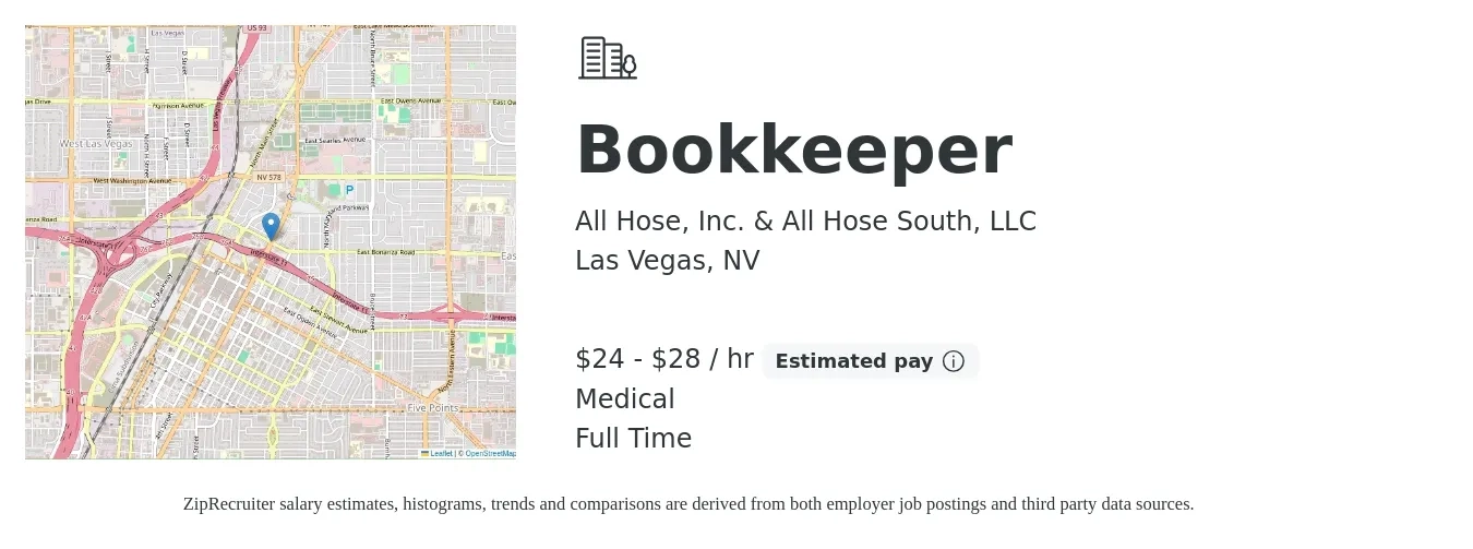 All Hose, Inc. & All Hose South, LLC job posting for a Bookkeeper in Las Vegas, NV with a salary of $25 to $30 Hourly and benefits including medical, and pto with a map of Las Vegas location.