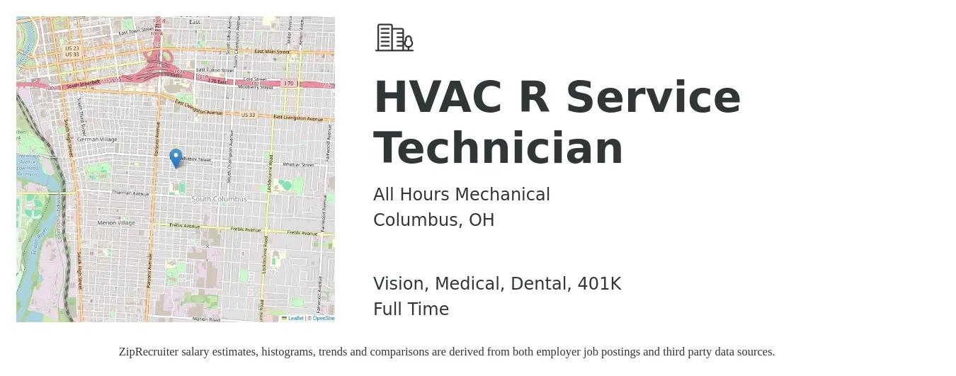 All Hours Mechanical job posting for a HVAC R Service Technician in Columbus, OH with a salary of $24 to $34 Hourly and benefits including medical, vision, 401k, and dental with a map of Columbus location.