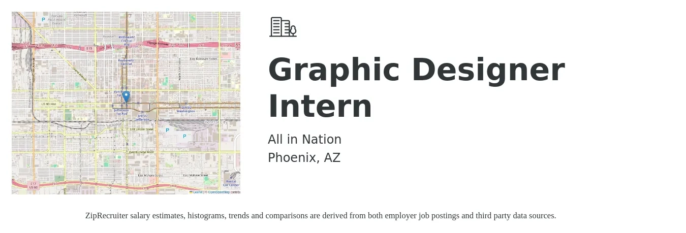 All in Nation job posting for a Graphic Designer Intern in Phoenix, AZ with a salary of $15 to $20 Hourly with a map of Phoenix location.