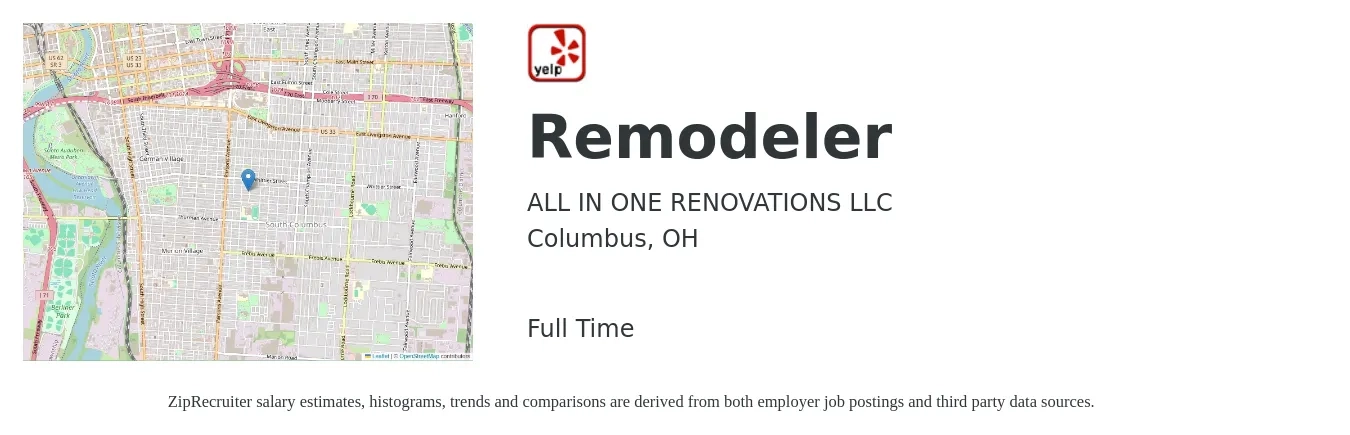 ALL IN ONE RENOVATIONS LLC job posting for a Remodeler in Columbus, OH with a salary of $18 to $23 Hourly with a map of Columbus location.