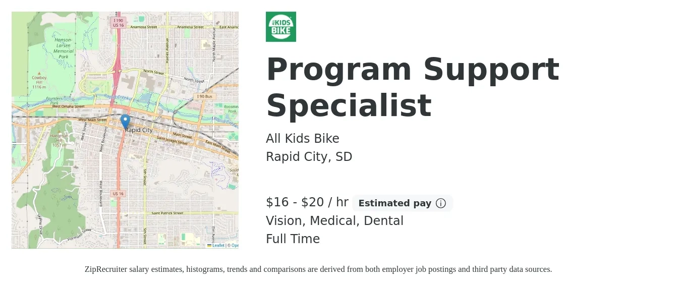 All Kids Bike job posting for a Program Support Specialist in Rapid City, SD with a salary of $17 to $21 Hourly and benefits including vision, dental, life_insurance, medical, and pto with a map of Rapid City location.