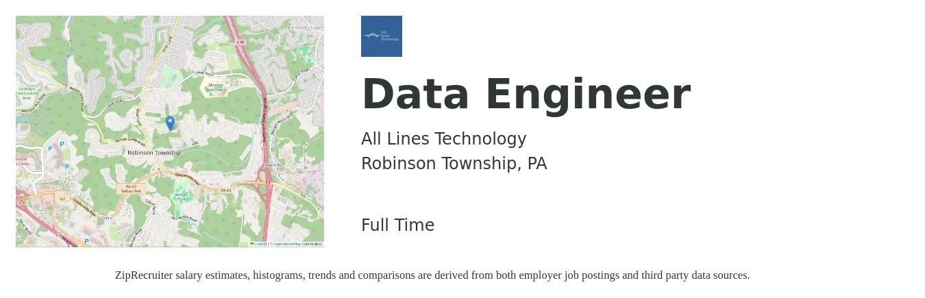All Lines Technology job posting for a Data Engineer in Robinson Township, PA with a salary of $108,800 to $130,600 Yearly with a map of Robinson Township location.