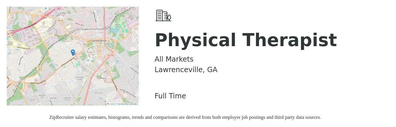 All Markets job posting for a Physical Therapist in Lawrenceville, GA with a salary of $1,520 to $1,970 Weekly with a map of Lawrenceville location.