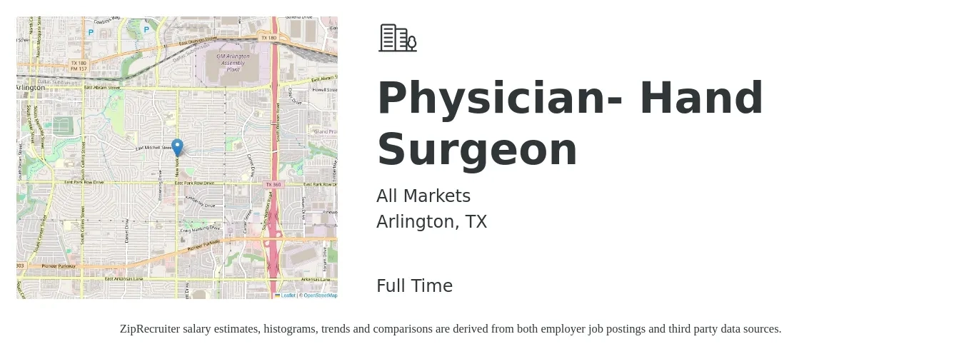 All Markets job posting for a Physician- Hand Surgeon in Arlington, TX with a salary of $290,700 to $315,000 Yearly with a map of Arlington location.