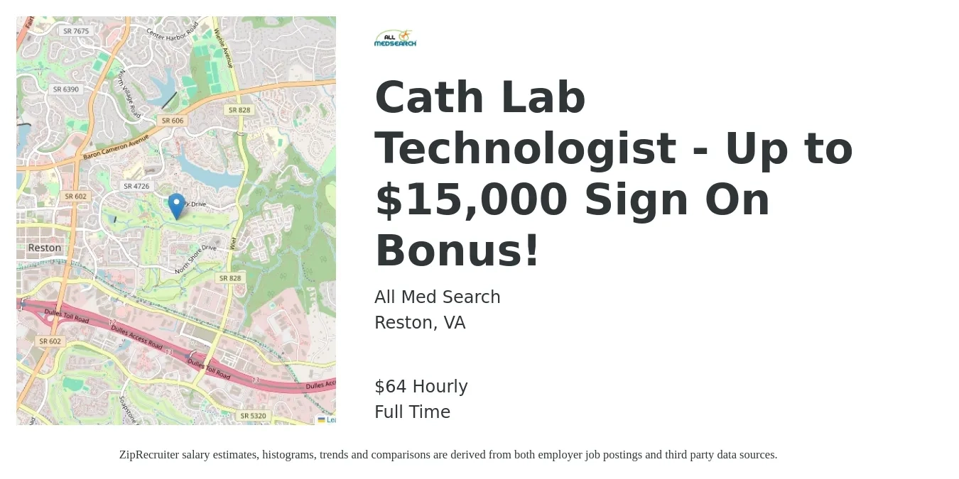All Med Search job posting for a Cath Lab Technologist - Up to $15,000 Sign On Bonus! in Reston, VA with a salary of $67 Hourly with a map of Reston location.
