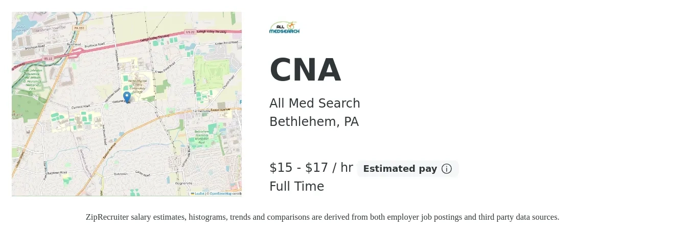 All Med Search job posting for a CNA in Bethlehem, PA with a salary of $16 to $18 Hourly with a map of Bethlehem location.