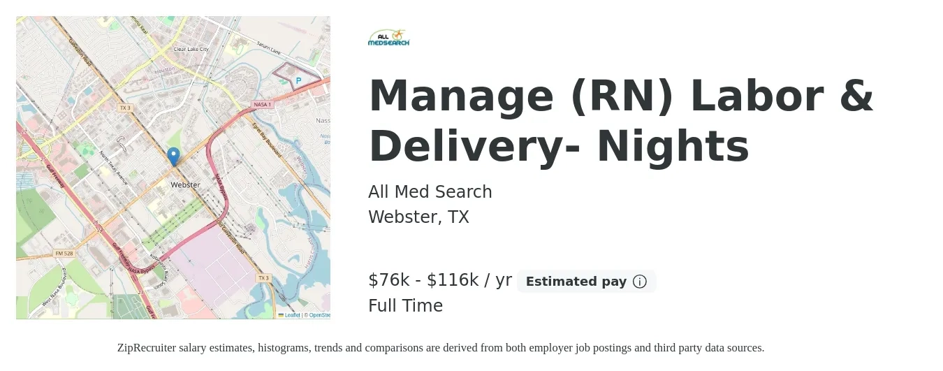 All Med Search job posting for a Manage (RN) Labor & Delivery- Nights in Webster, TX with a salary of $76,000 to $116,000 Yearly with a map of Webster location.