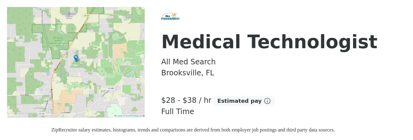 All Med Search job posting for a Medical Technologist in Brooksville, FL with a salary of $30 to $40 Hourly with a map of Brooksville location.