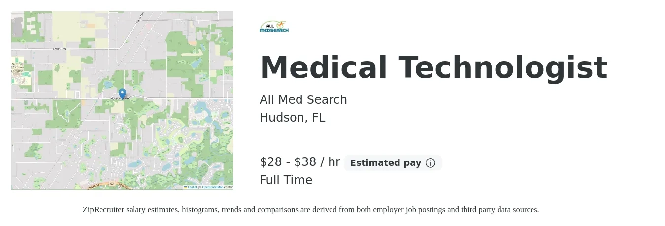 All Med Search job posting for a Medical Technologist in Hudson, FL with a salary of $30 to $40 Hourly with a map of Hudson location.