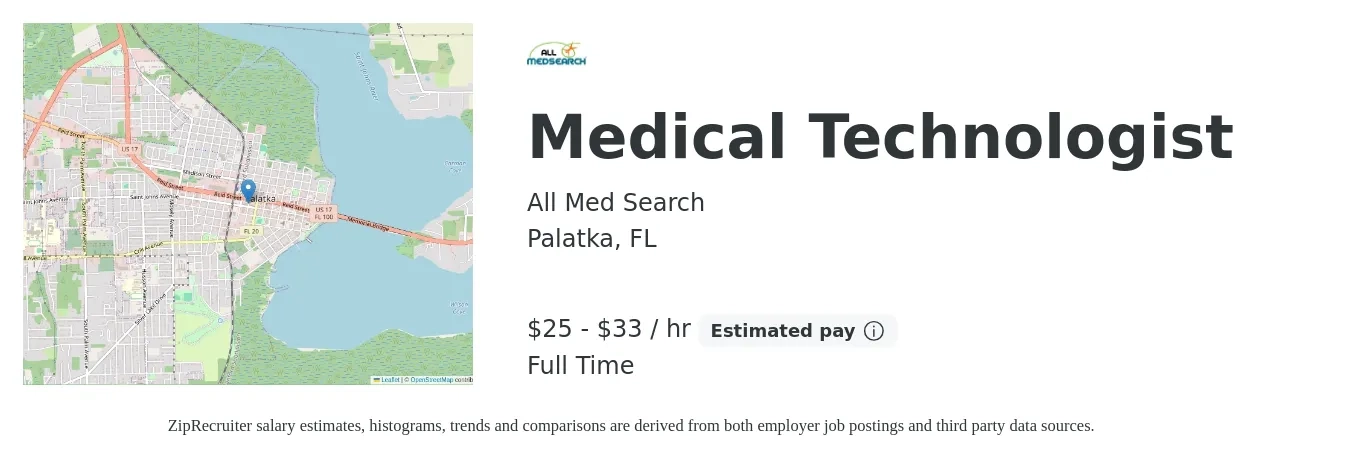 All Med Search job posting for a Medical Technologist in Palatka, FL with a salary of $27 to $35 Hourly with a map of Palatka location.